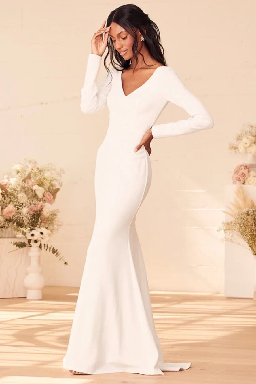 NWOT Lulus Feeling of Forever White Long Sleeve Mermaid Maxi Dress Wedding Sz M